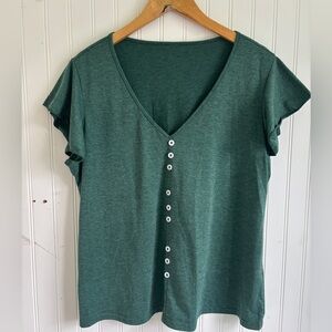 Green V-Neck Buttoned Women's Top